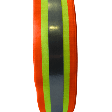 Detalle cinta popotillo reflejante tricolor naranja, amarillo y gris